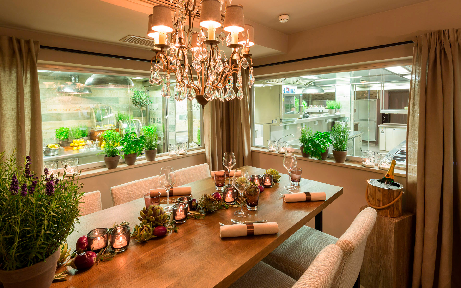 Set chef's table in the Haerlin*** restaurant with a view of the kitchen